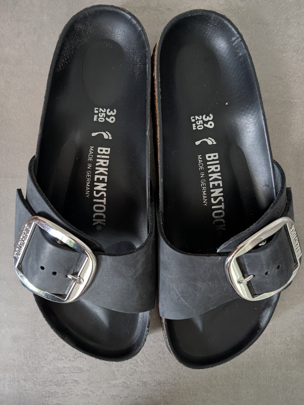 NWOT Sz 8 Birkenstock Big Buckle Madrid Slide Sandal Black Leather Silver